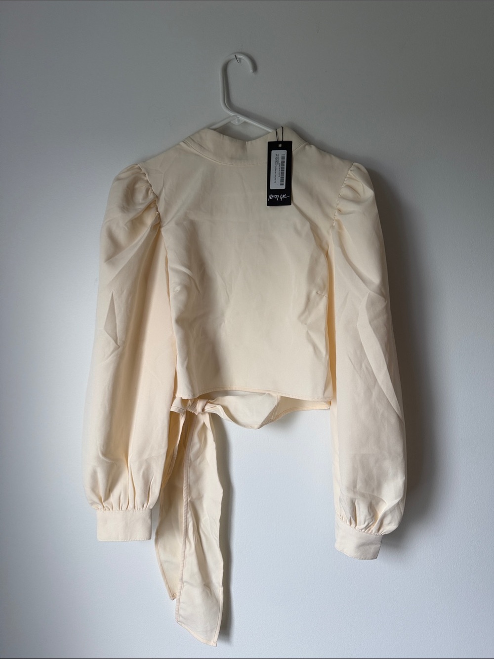 Nasty Gal Cream Long-Sleeve Wrap Blouse with Puff Shoulders NEW